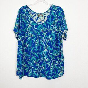 Rainbow Jo Hawaii Womens 3XL Blue Green Floral Bias Cut Short Sleeve Top Blouse